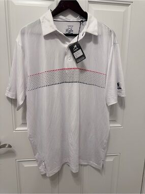 AHead USA White Polo with Red and Black Dotted Chest Stripe